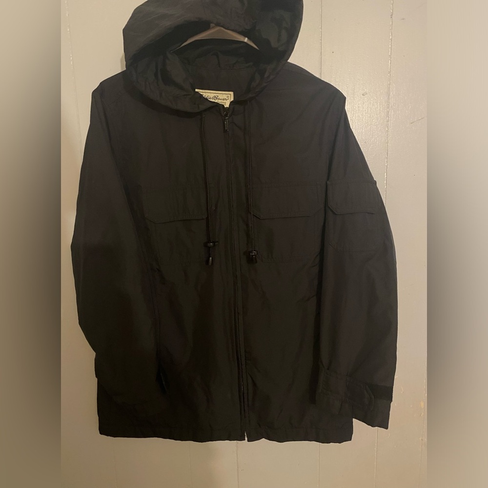 Vintage Eddie Bauer Rain Coat Mens Medium Black Hooded Jacket Outdoor 90s